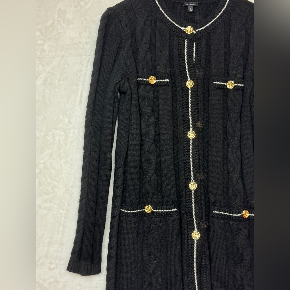 TALBOTS Cotton Blend Preppy Chunky Black Cable Knit Cardigan Gold Buttons SZ S. - Picture 6 of 12
